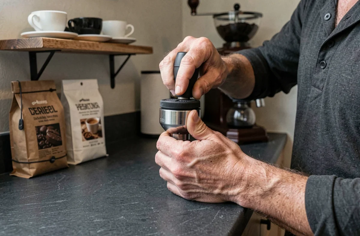 Close-up of an espresso machine portafilter and a man's hands tamping ground coffee in a home coffee corner