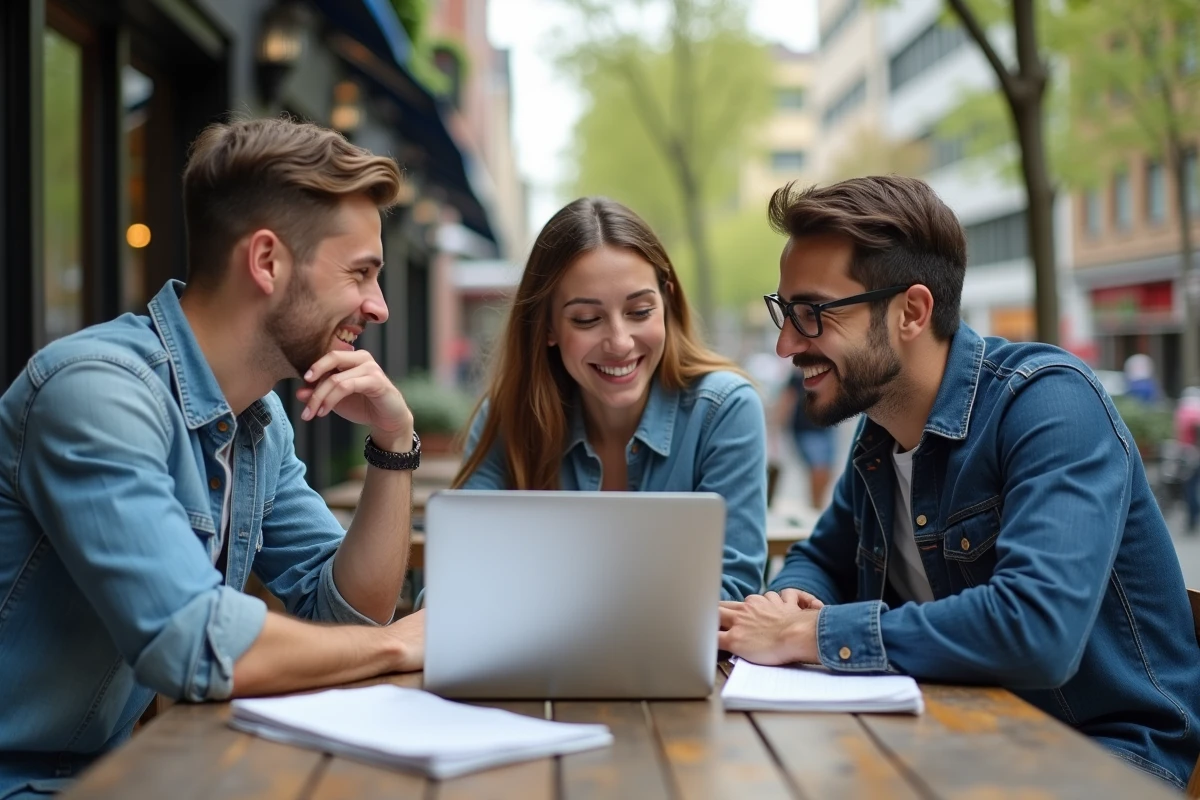 Jeunes professionnels en brainstorming dans un café urbain