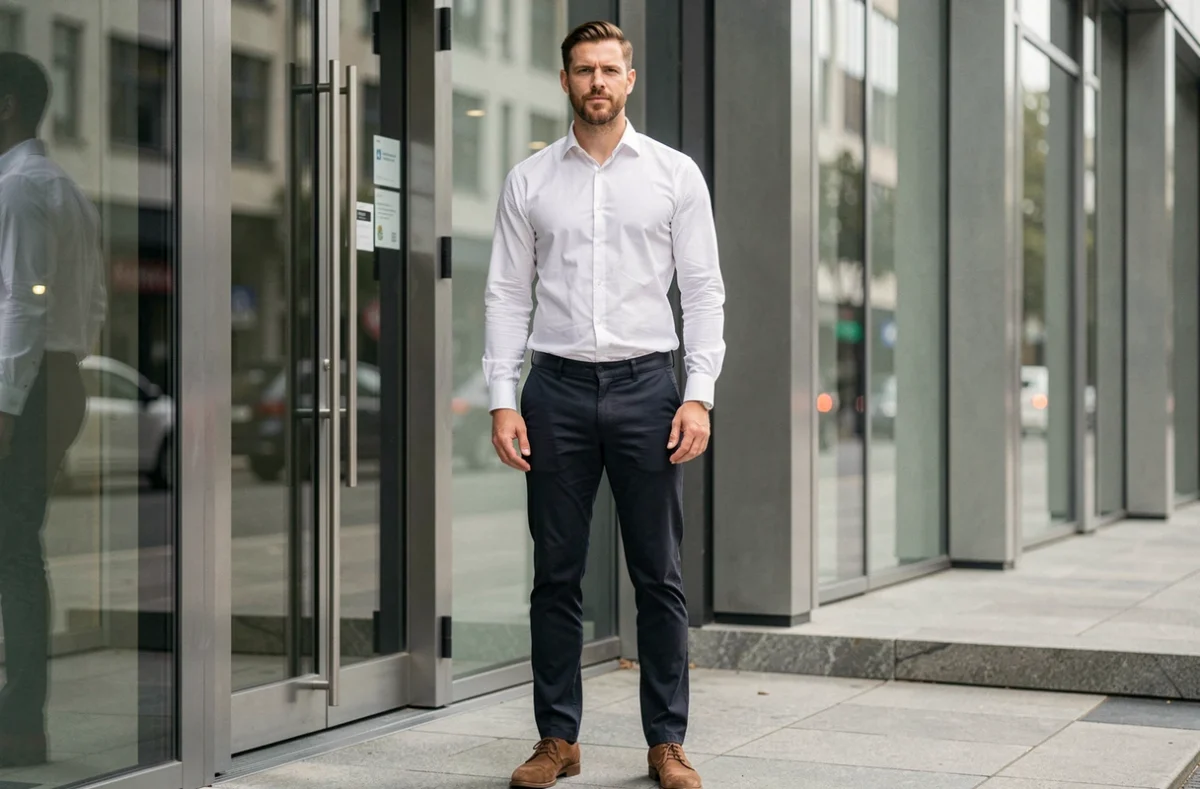 Homme mesurant 1m80 debout devant un immeuble moderne, illustrant la perception de la grande taille dans un contexte urbain contemporain