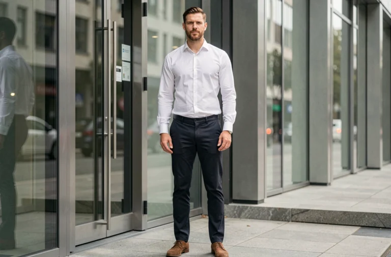 Homme mesurant 1m80 debout devant un immeuble moderne, illustrant la perception de la grande taille dans un contexte urbain contemporain