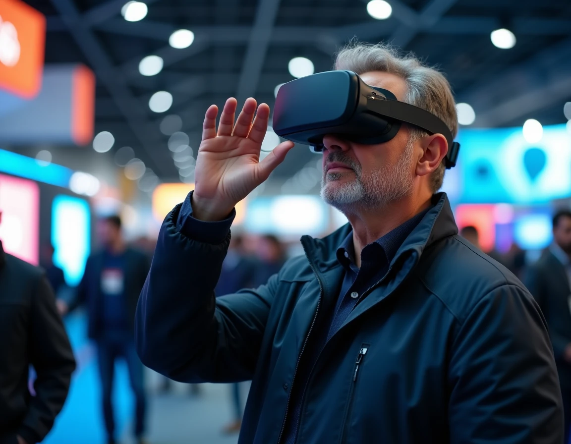 Homme examinant un casque de réalité augmentée lors d'un salon high-tech avec des expositions technologiques en arrière-plan
