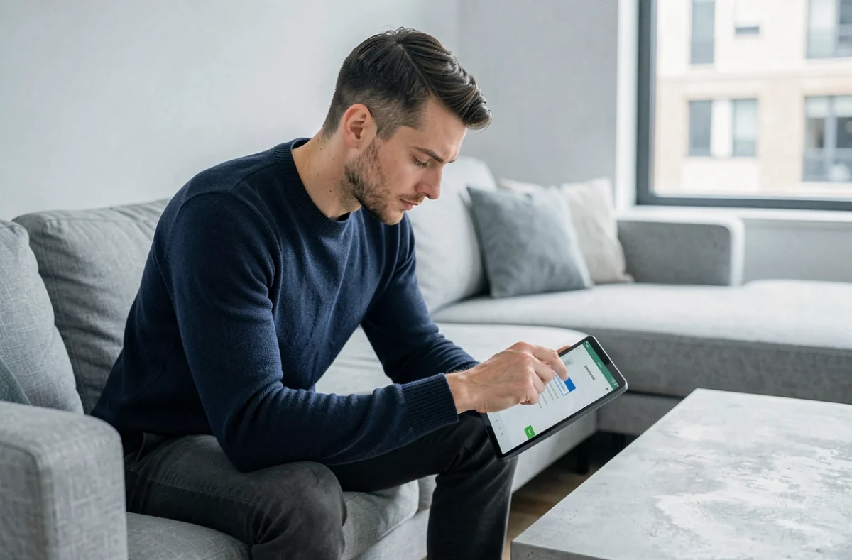 Homme saisissant un code de réduction sur une tablette pour un achat de décoration intérieure