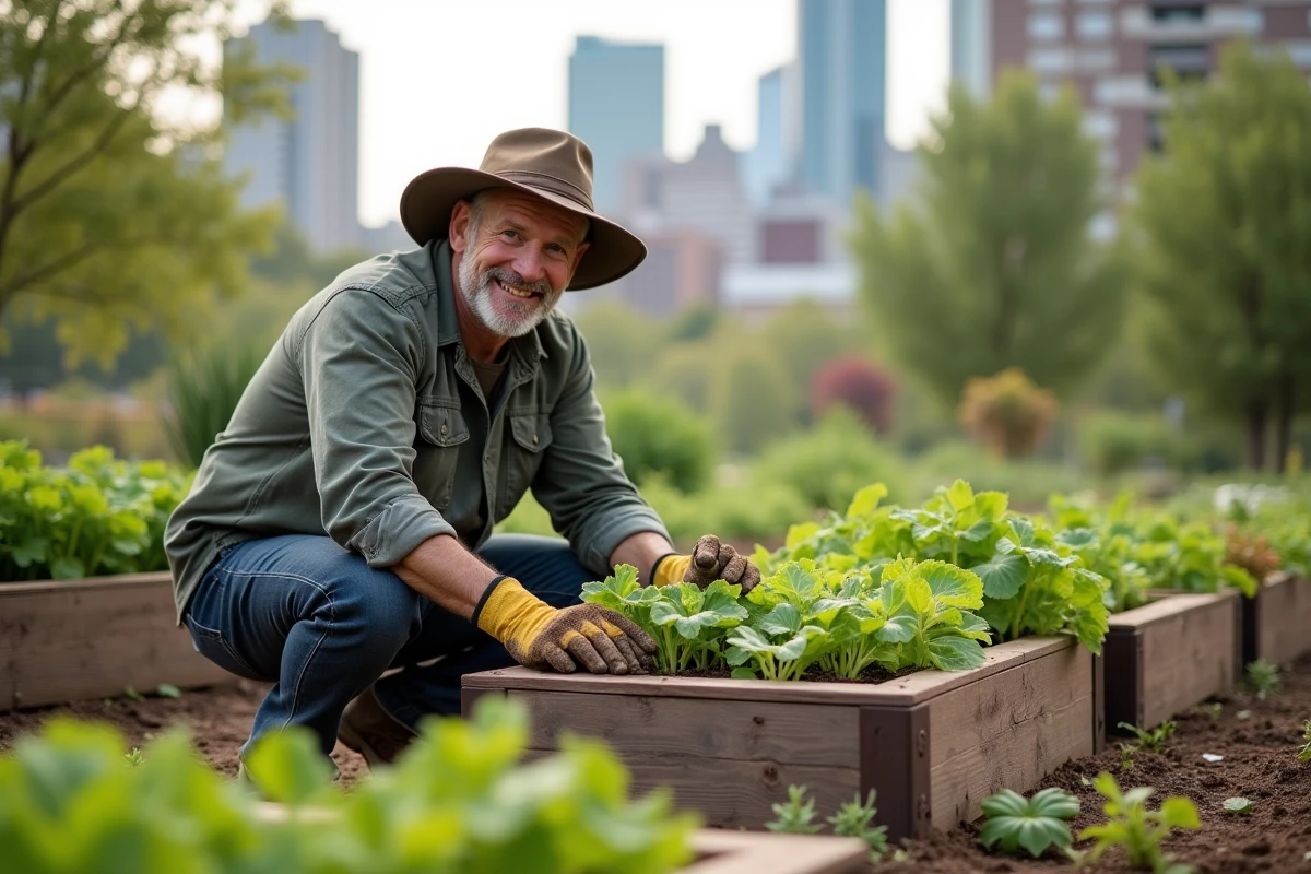 Homme jardiant dans un potager urbain partagé, nouvelle activité de plein air pour enrichir le quotidien