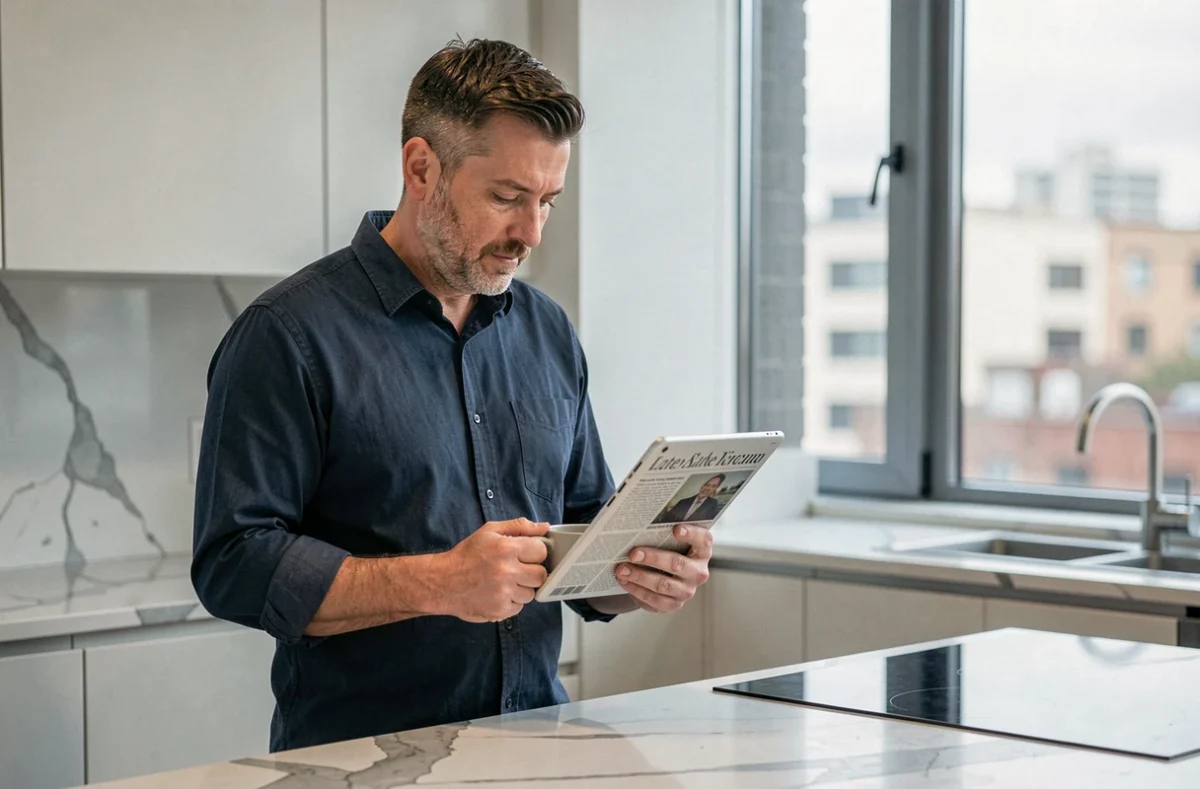 Homme consultant un site d'actualités sur une tablette dans une cuisine moderne