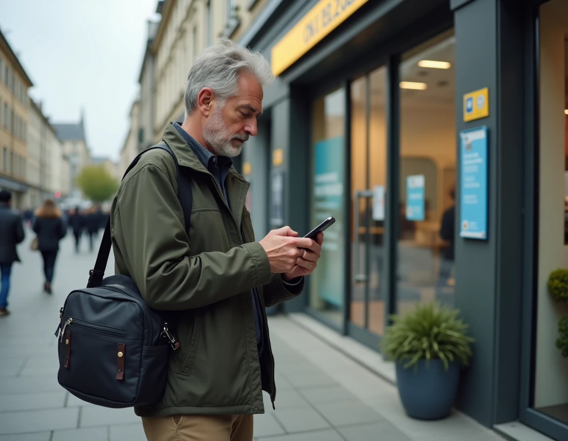 Homme consultant son téléphone devant un bureau des services sociaux pour le RSA