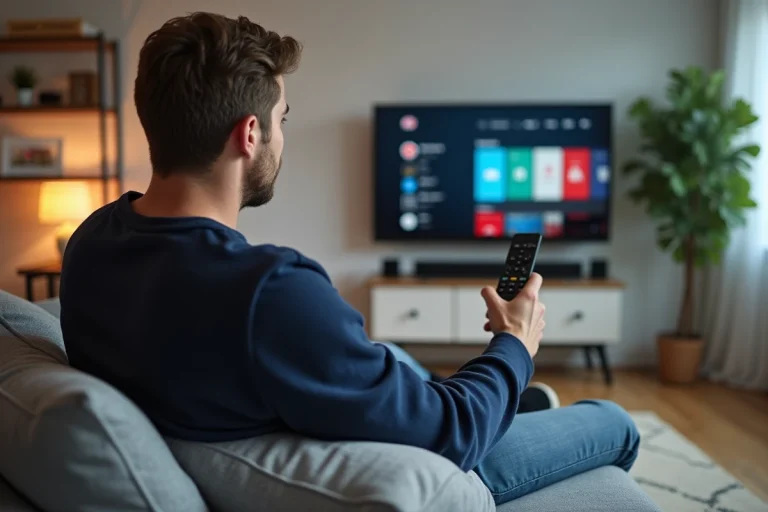 Jeune homme regardant la télévision connectée dans un salon moderne
