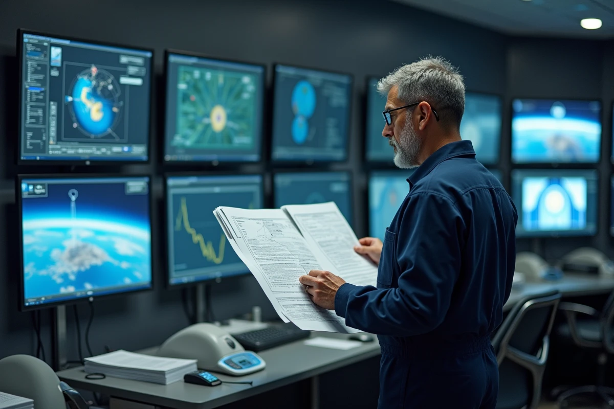 Ingénieur aérospatial en salle de contrôle de mission surveillant la trajectoire orbitale d'un satellite