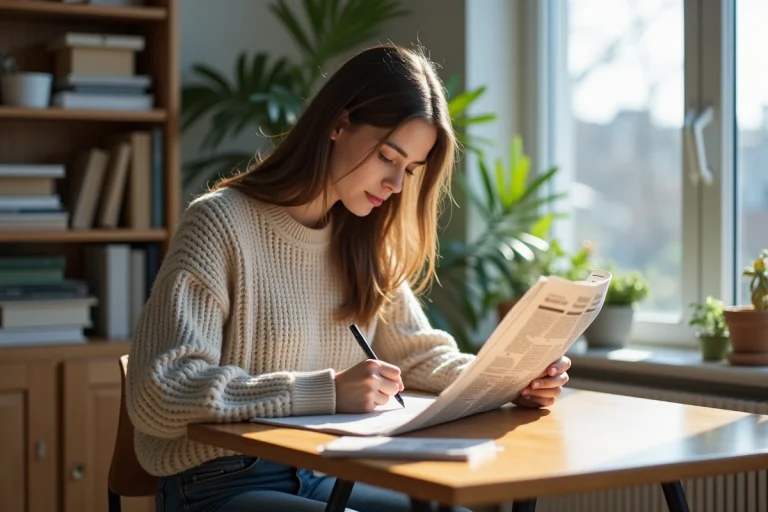 Jeune femme lisant un journal dans un bureau lumineux