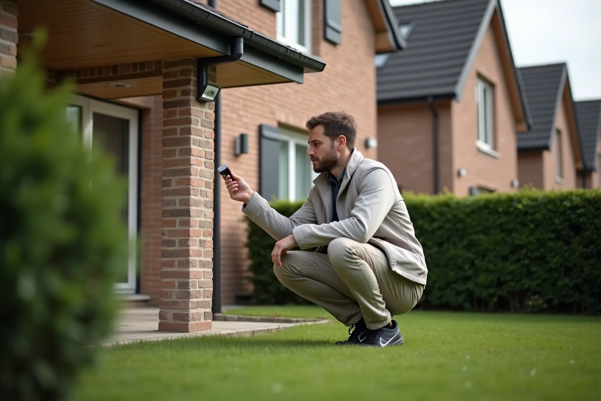Jeune homme inspectant une camera de surveillance dans le jardin