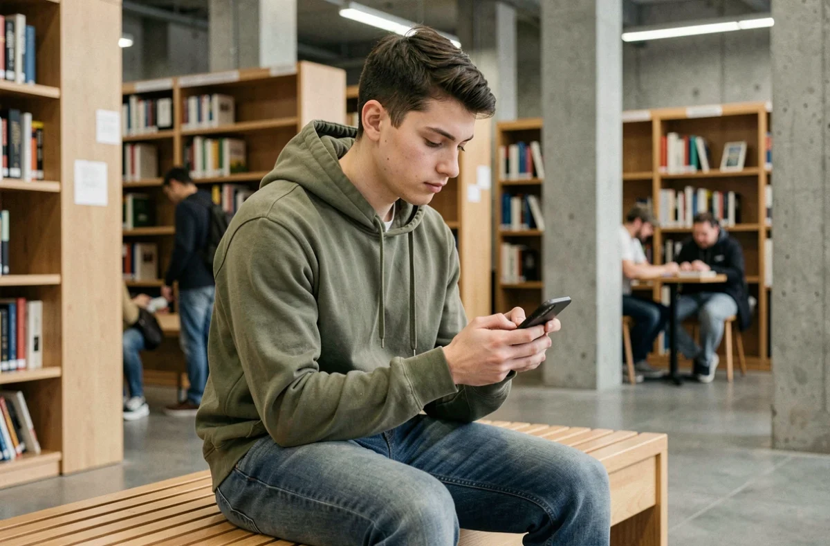 Jeune adulte explorant un site d'actualités sur smartphone dans une bibliothèque publique