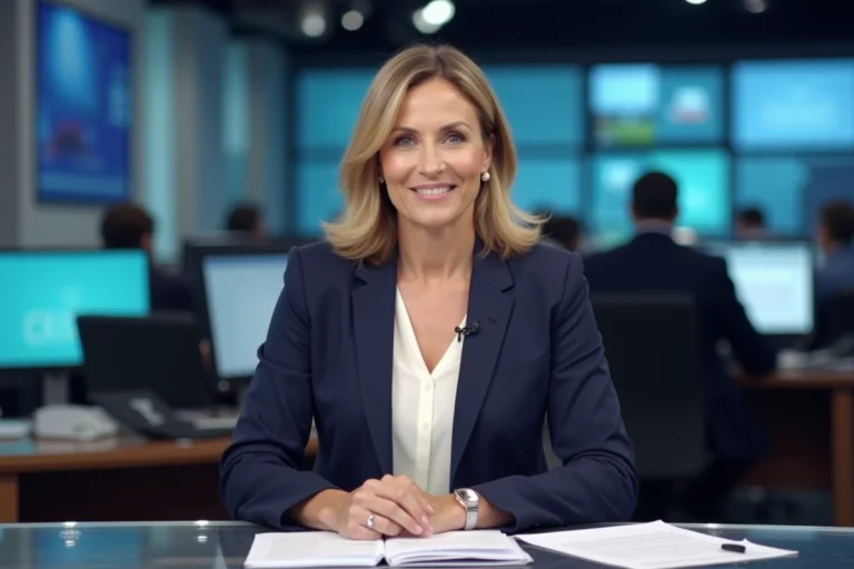 Journaliste professionnelle en blazer marine assise à un bureau de presse dans un studio de télévision