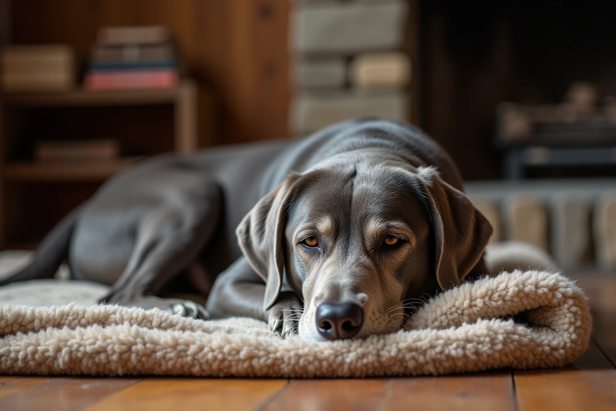 Vieux Labrador reposant sur une couverture en laine dans un intérieur rustique chaleureux, portrait d'un chien âgé serein