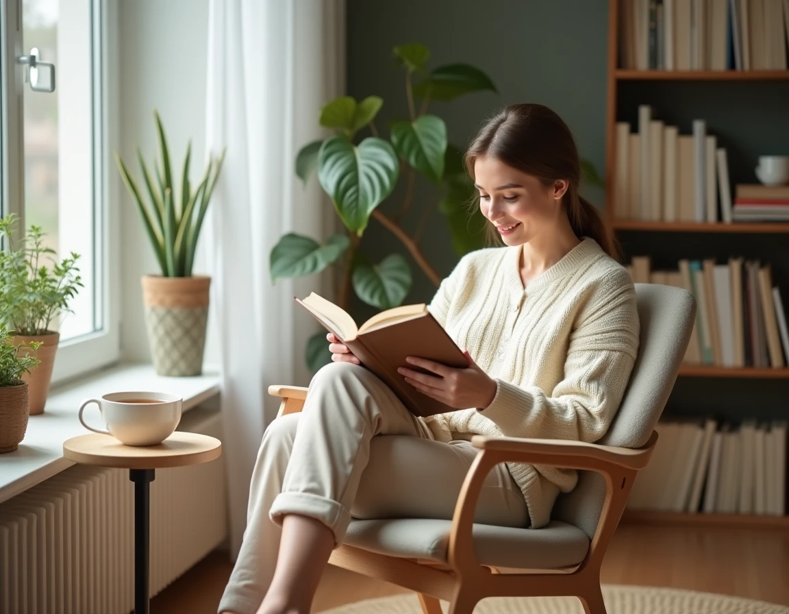 Jeune femme se détendant dans un fauteuil confortable avec un livre et une tasse de thé dans un salon scandinave pour favoriser le bien-être mental