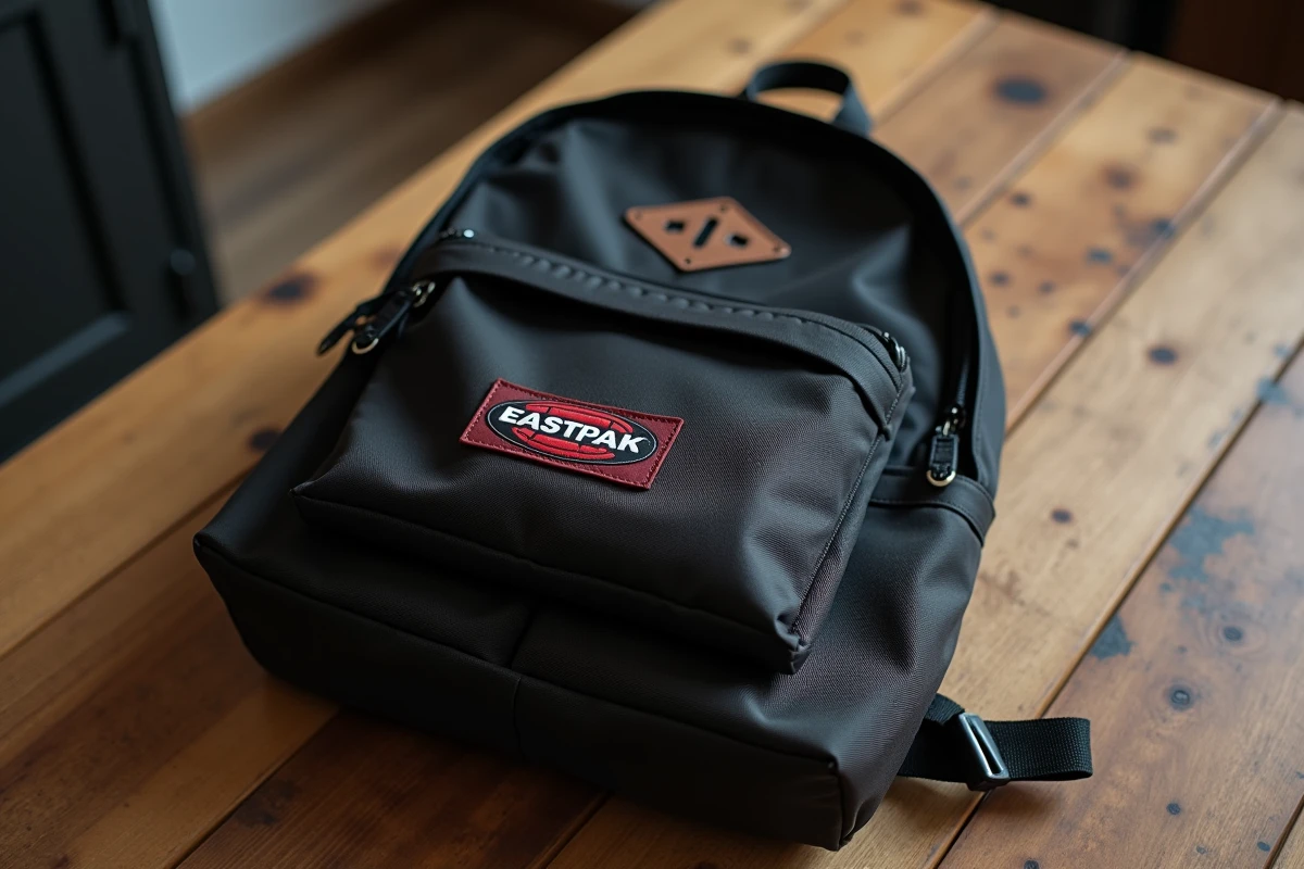 Logo Eastpak brodé en position correcte sur un sac à dos noir authentique