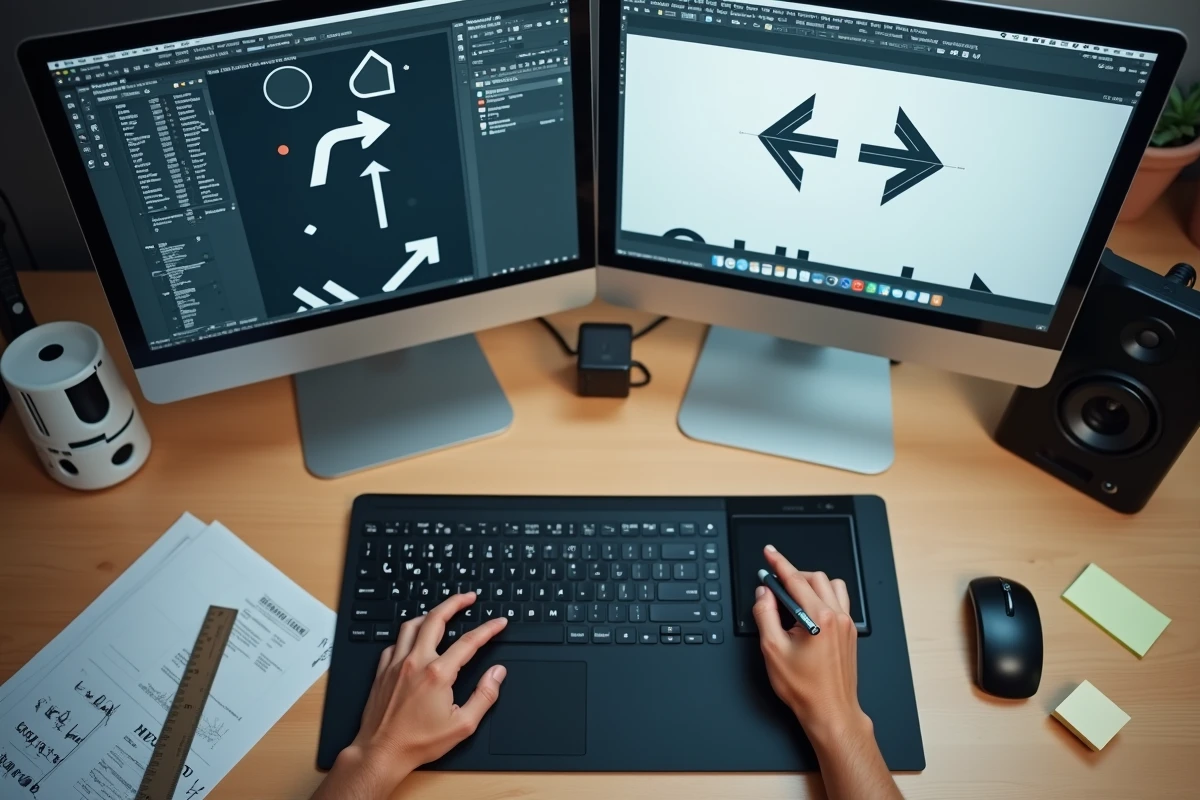 Mains d'un designer sur tablette graphique et clavier travaillant sur des flèches dans Adobe InDesign sur double écran