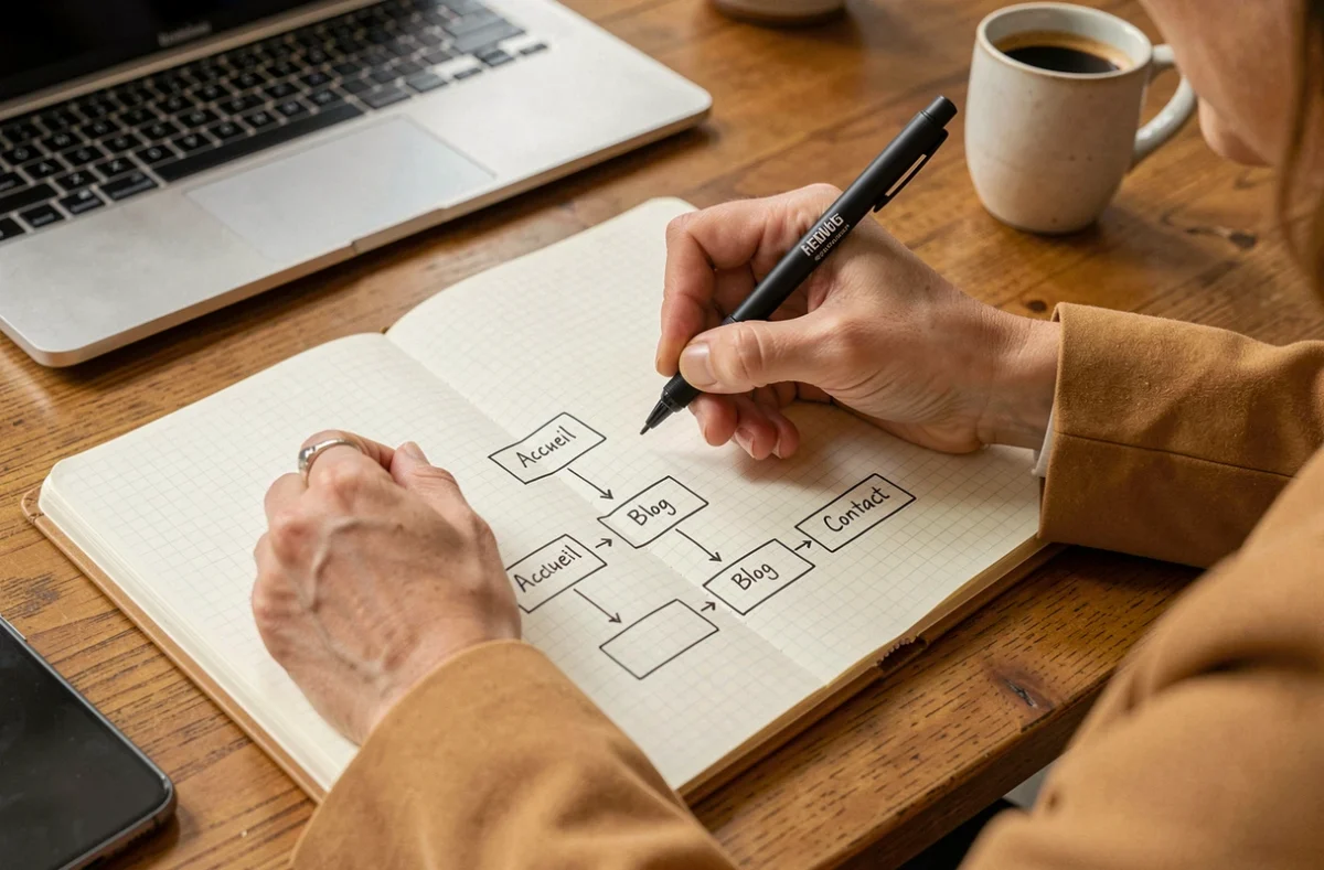 Mains féminines dessinant un schéma de sitemap dans un carnet sur un bureau en bois pour optimiser la navigation web