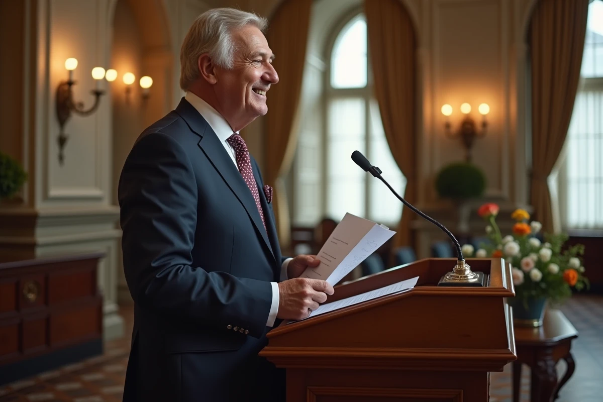 Maire en costume marine prononçant un discours de mariage à un pupitre dans une salle des fêtes décorée