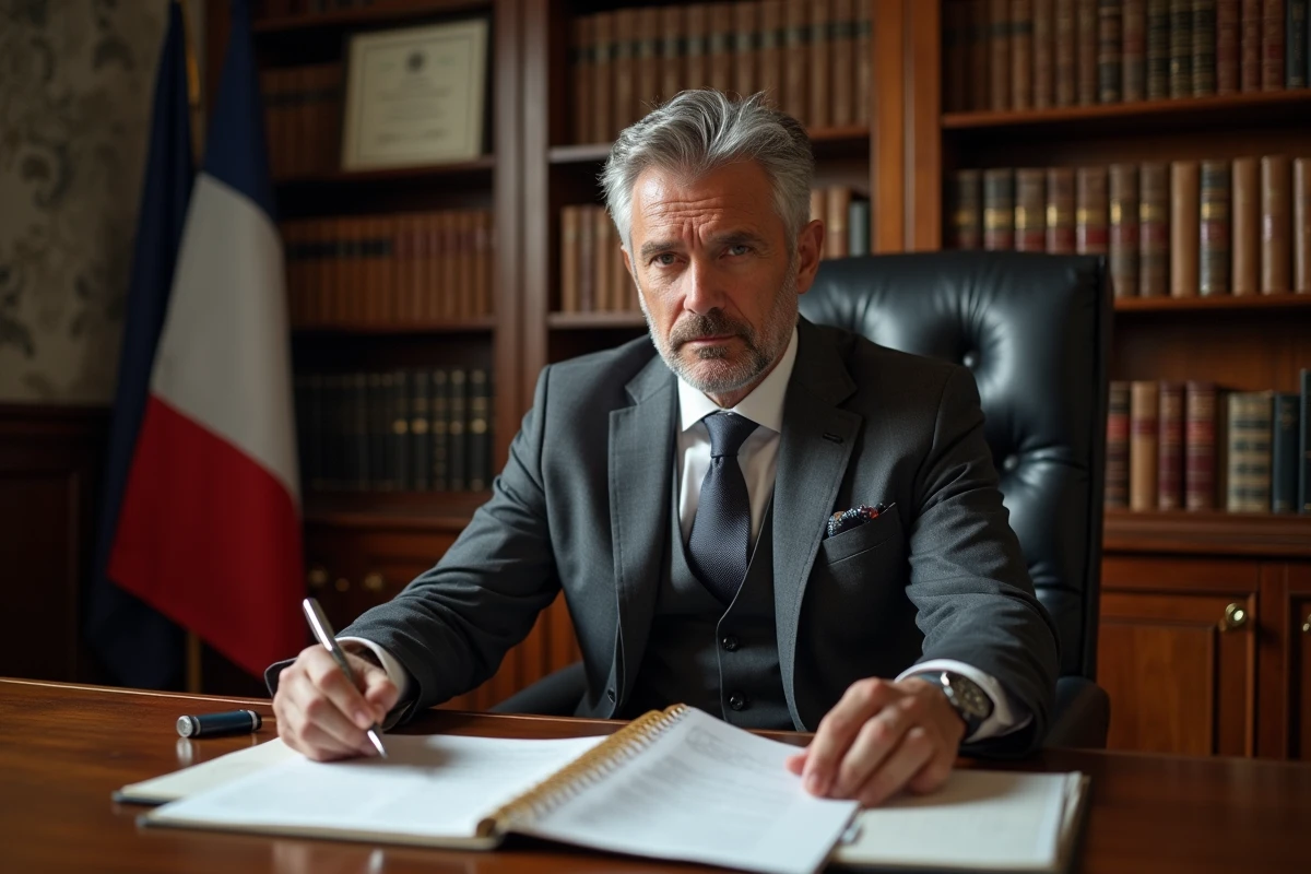 Maire rédigeant et révisant un discours de mariage dans son bureau officiel avec des notes manuscrites sur le bureau