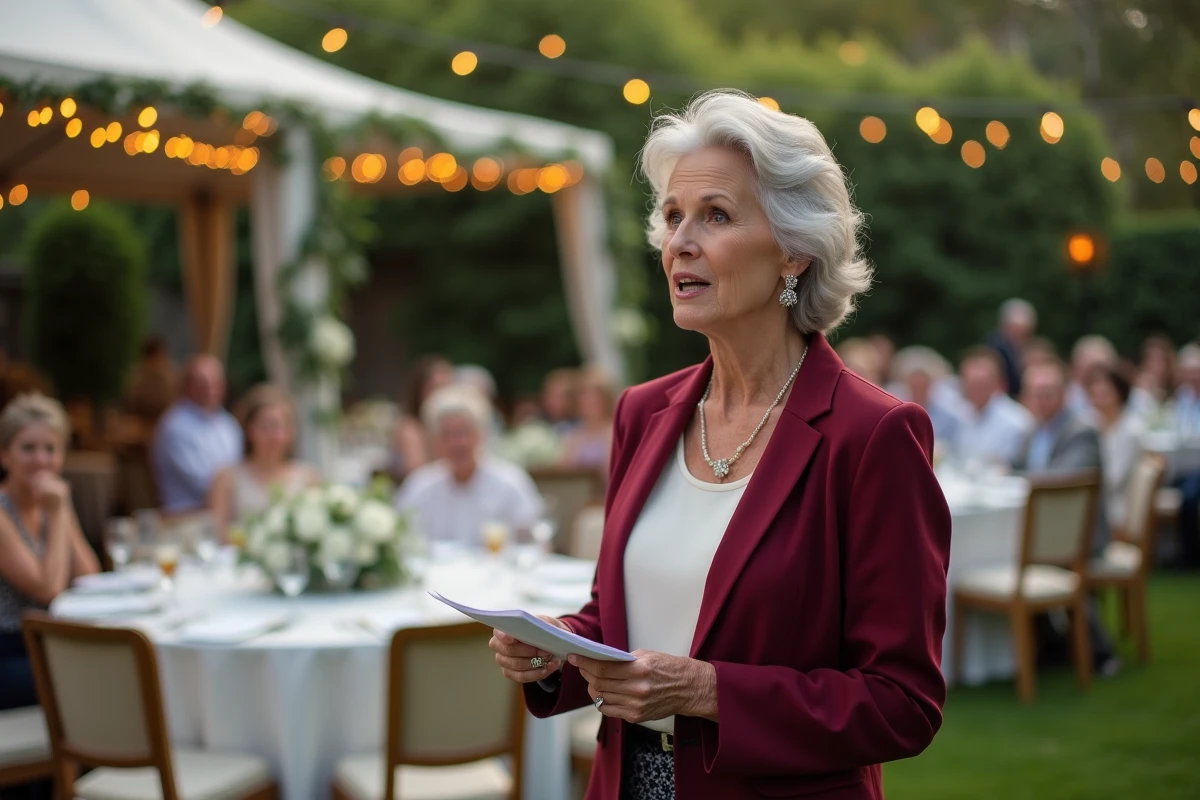 Mairesse lisant un discours de mariage devant des invités assis dans un jardin fleuri en soirée estivale