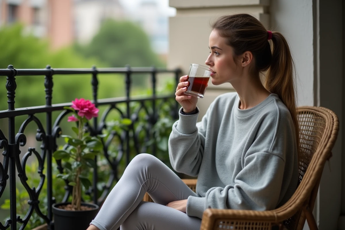 Maman dégustant une tisane sur un balcon vert
