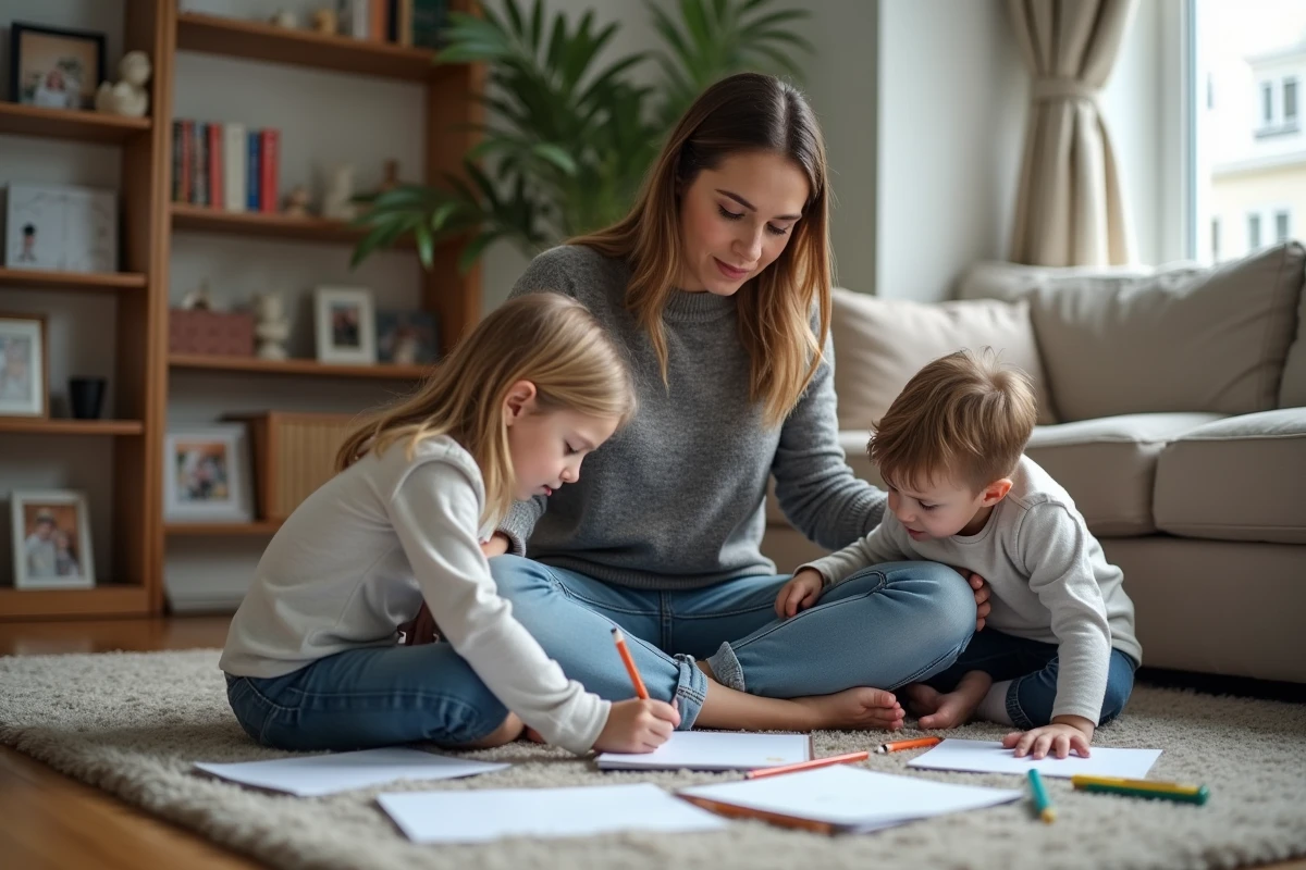 Mère célibataire aidant ses enfants à faire leurs devoirs dans un appartement familial