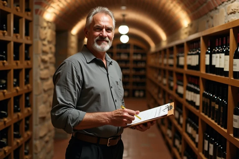 Homme mesurant la surface d'un cellier à vin traditionnel avec des étagères en bois et des bouteilles rangées