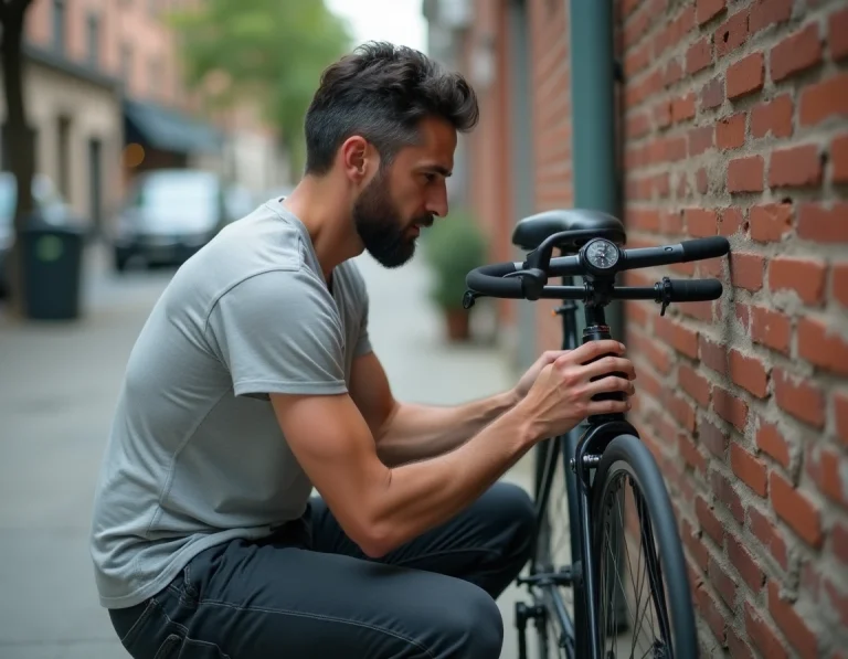 Homme modifiant le code d'un antivol vélo Decathlon dans un cadre urbain