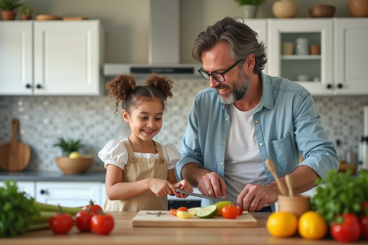 Père et fille cuisinant ensemble dans la cuisine lumineuse