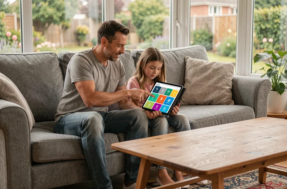 Père et enfant explorant ensemble la carte du site Let's Play Family sur une tablette dans le salon