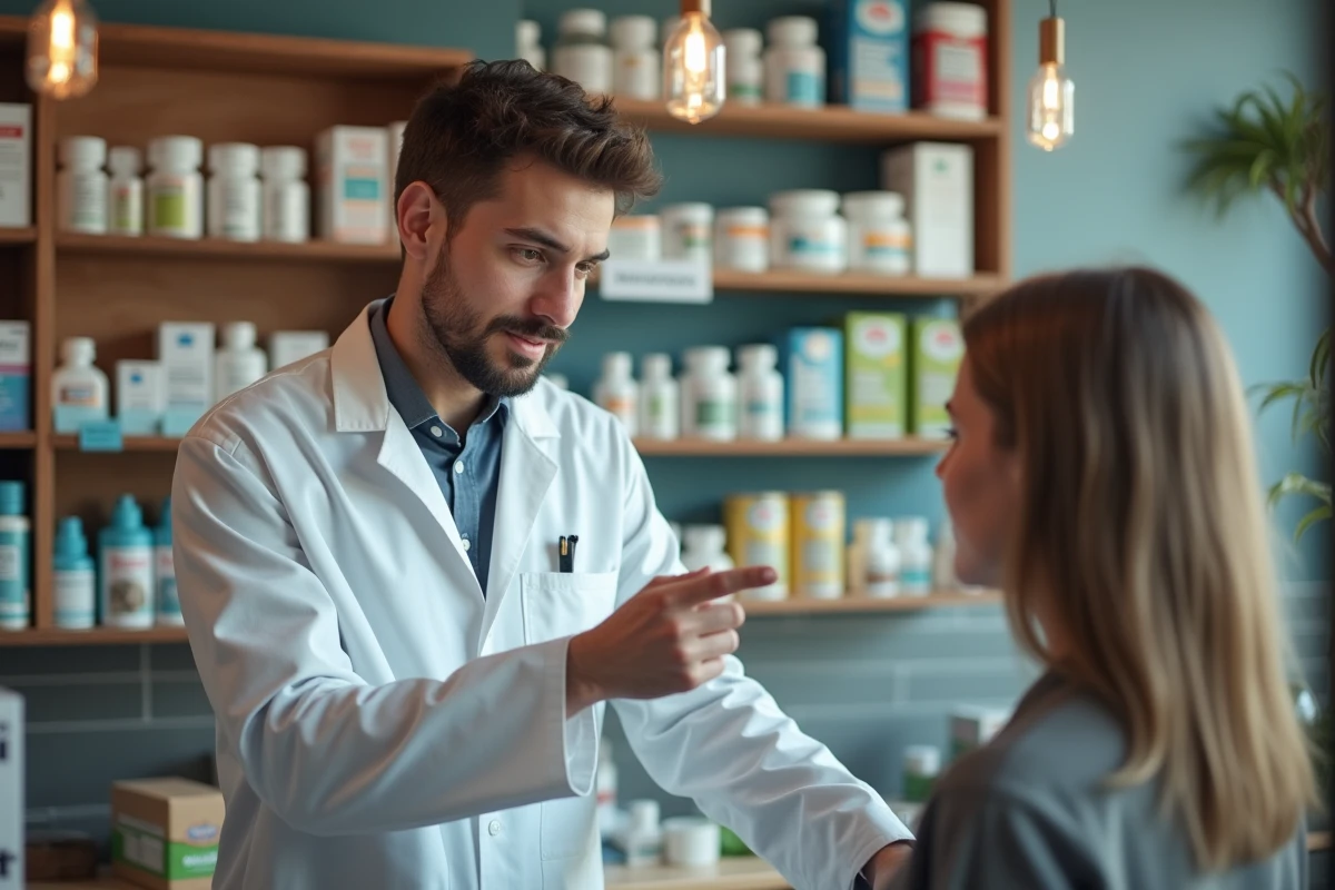 Jeune pharmacien en discussion avec un client derrière le comptoir