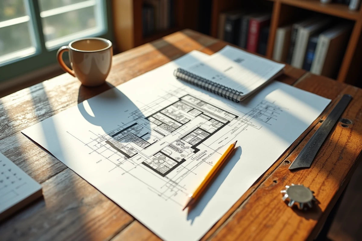 Plan d'aménagement d'un cellier dessiné à la main avec des calculs de surface sur une table en bois rustique