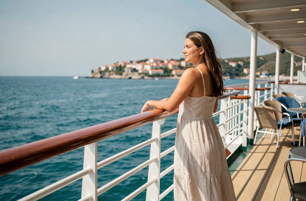 Femme profitant de la vue sur la mer Méditerranée depuis le pont du Costa Deliziosa