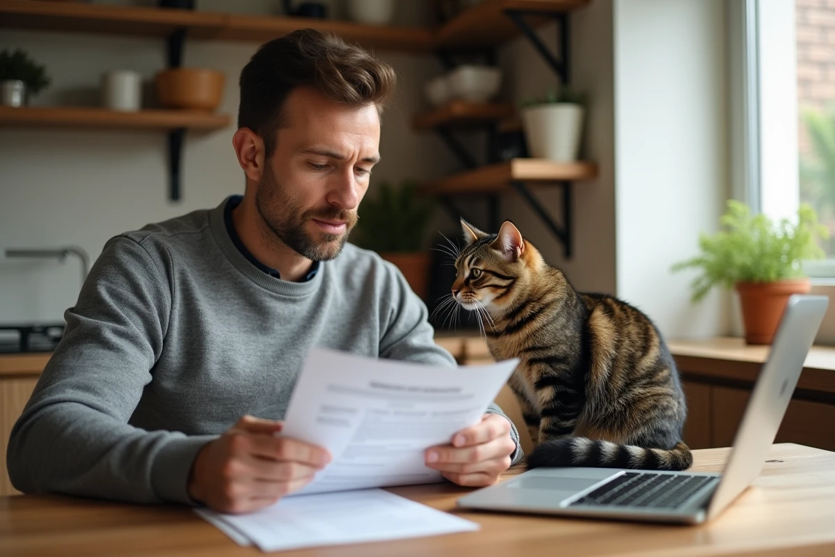 Propriétaire d'un chat comparant des offres d'assurance santé pour animaux de compagnie à la maison