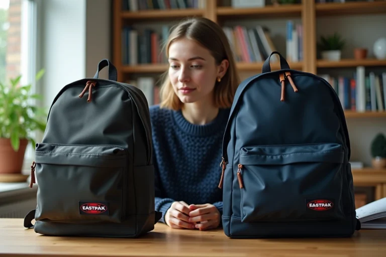 Femme comparant deux sacs à dos Eastpak pour détecter une contrefaçon