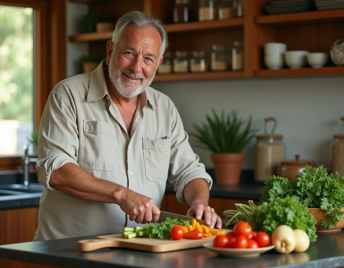 Homme préparant un repas sain et coloré dans une cuisine moderne en bois dans le cadre d'un mode de vie axé sur le bien-être