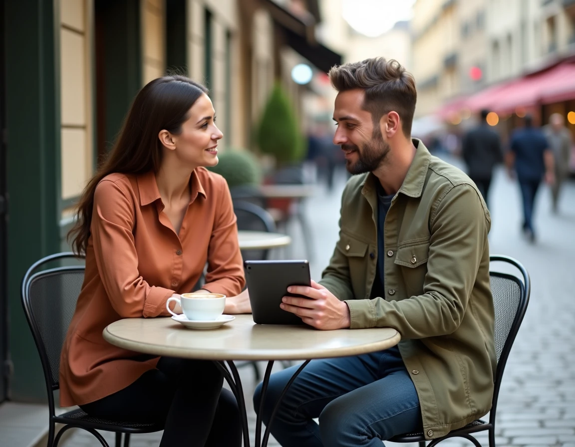 Deux entrepreneurs discutant d'une stratégie de business en ligne autour d'une tablette en terrasse de café urbaine