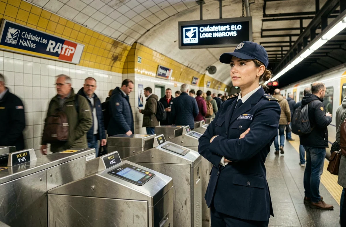 Agent de sécurité en uniforme dans la station de métro Châtelet Les Halles surveillant les passagers aux portiques
