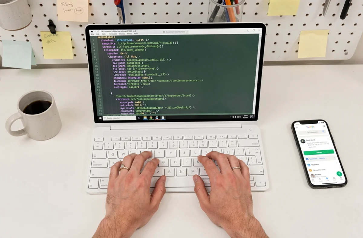 Vue aérienne d'un développeur soumettant un fichier sitemap XML dans Google Search Console sur bureau minimaliste