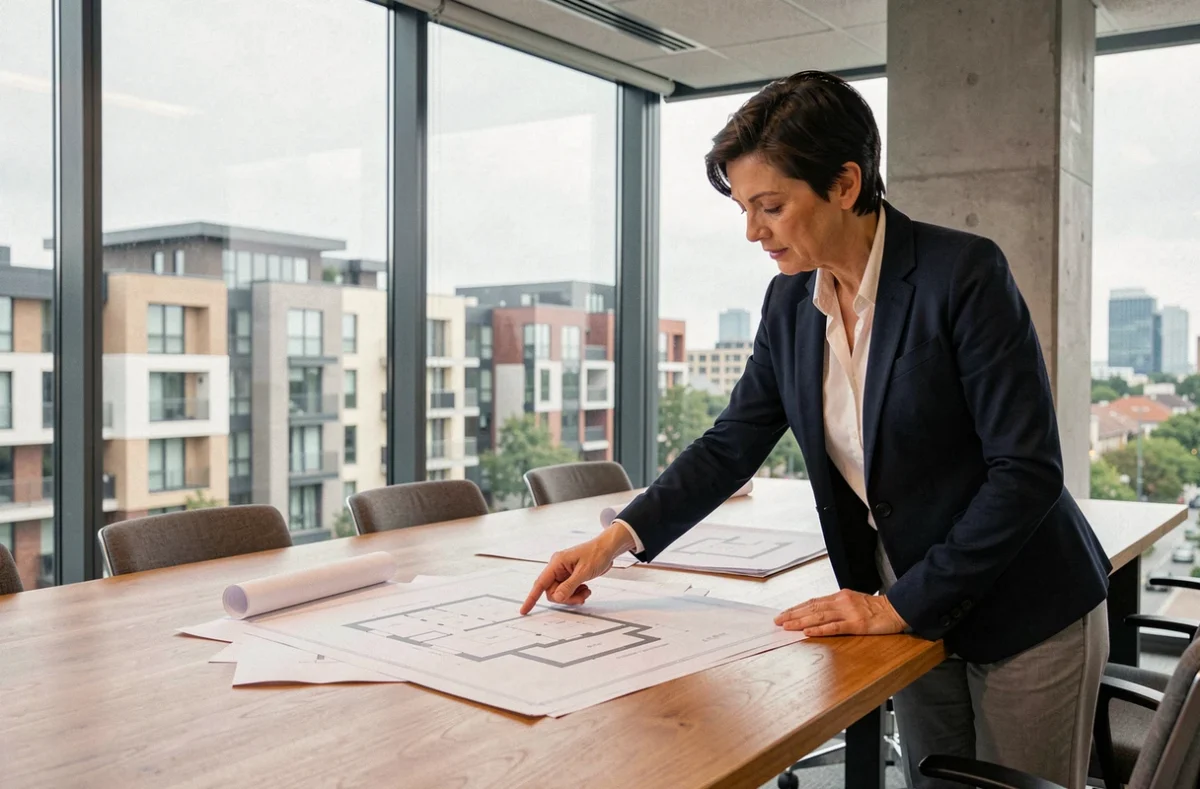 Urbaniste présentant des plans architecturaux pour une stratégie innovante de logement abordable dans un bureau moderne
