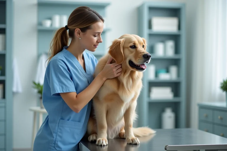 Vétérinaire examinant un golden retriever lors d'une consultation dans une clinique vétérinaire moderne